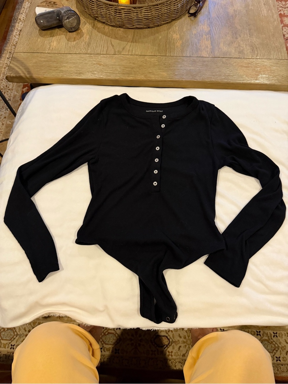 American Eagle Outfitters Black Long-Sleeve Henley Bodysuit